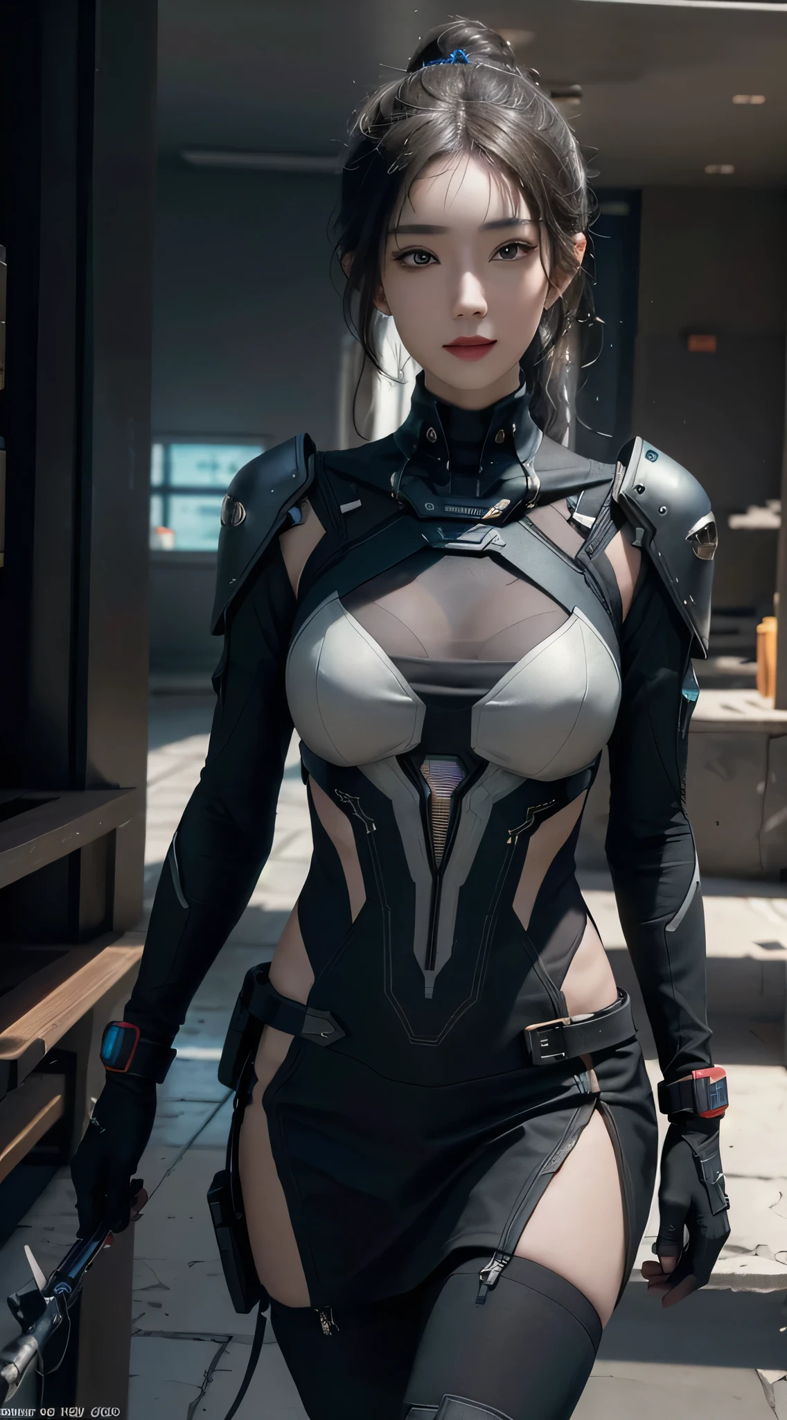 ((best quality)), ((masterpiece)), (detailed:1.4), 3d, Image of a beautiful cyberpunk woman,Human Development Report (High Dynamic Range),Ray Tracing,nvidia RTX,Super Resolution,Unreal 5,Subsurface scattering,PBR Textures,Post-Processing,Anisotropic filtering,Depth of Field,Maximum clarity and sharpness,Multi-layered textures,Albedo and Specular Maps,Surface Shading,Accurate simulation of the interaction between light and material,Perfect proportion,Octane Rendering,Two-color lighting,Large aperture,Low ISO,White Balance,Rule of Thirds,8K Native,Smiling