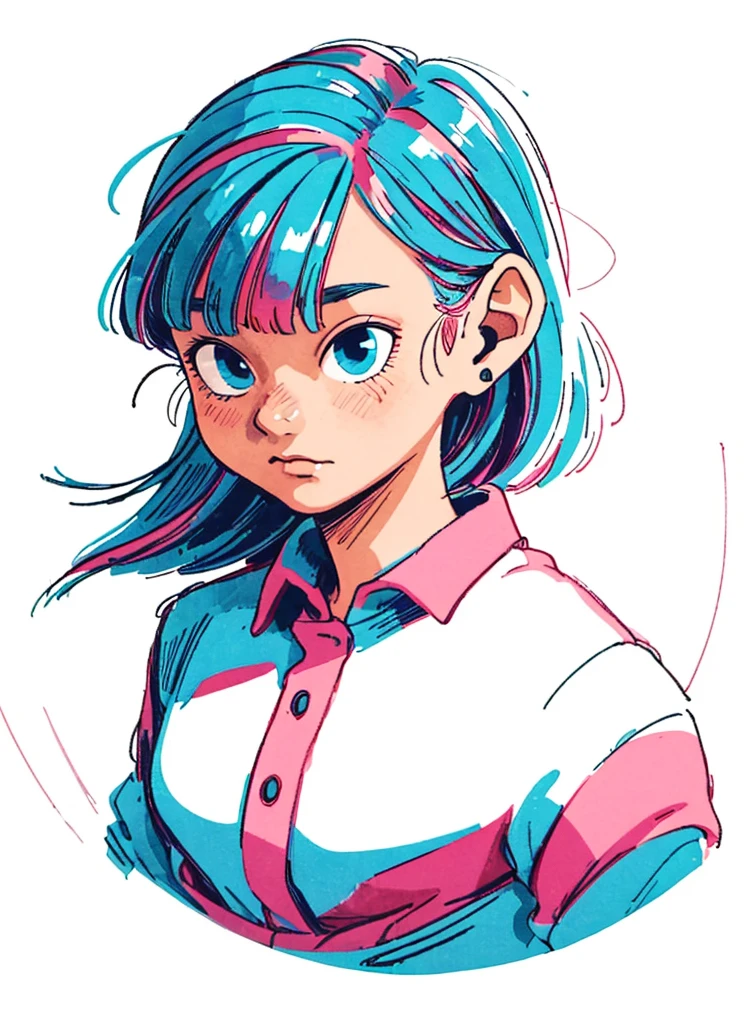 1 garota, Sozinho, (Obra de arte), melhor qualidade, ultra-detalhado, bulma, 1 garota, Sozinho, olhos azuis, cabelo azul, cabelo água, cabelo longo, franja, Cabelo liso, Estilo retrô, camisa rosa da moda, roupa legal, retrato, tronco, Detalhe do rosto, detalhe dos olhos: 1.3, fundo simples, (fundo branco), toriyama akira
