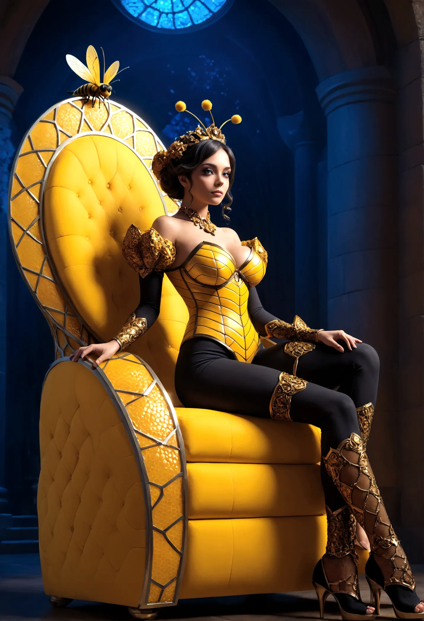 the queen of the bees (lovely woman, regal bee themed dress, ornate honeycomb throne) set within a massive fantasy beehive, she ...