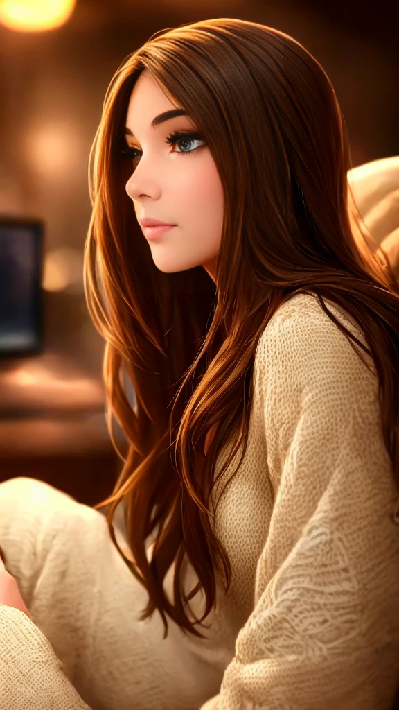 a beautiful woman watching tv in the living room, 1girl, detailed face, beautiful eyes, full lips, long eyelashes, long brown hair, relaxed expression, sitting on couch, cozy living room interior, warm lighting, photorealistic, 8k, high quality, detailed rendering, cinematic composition, dramatic lighting, vibrant colors