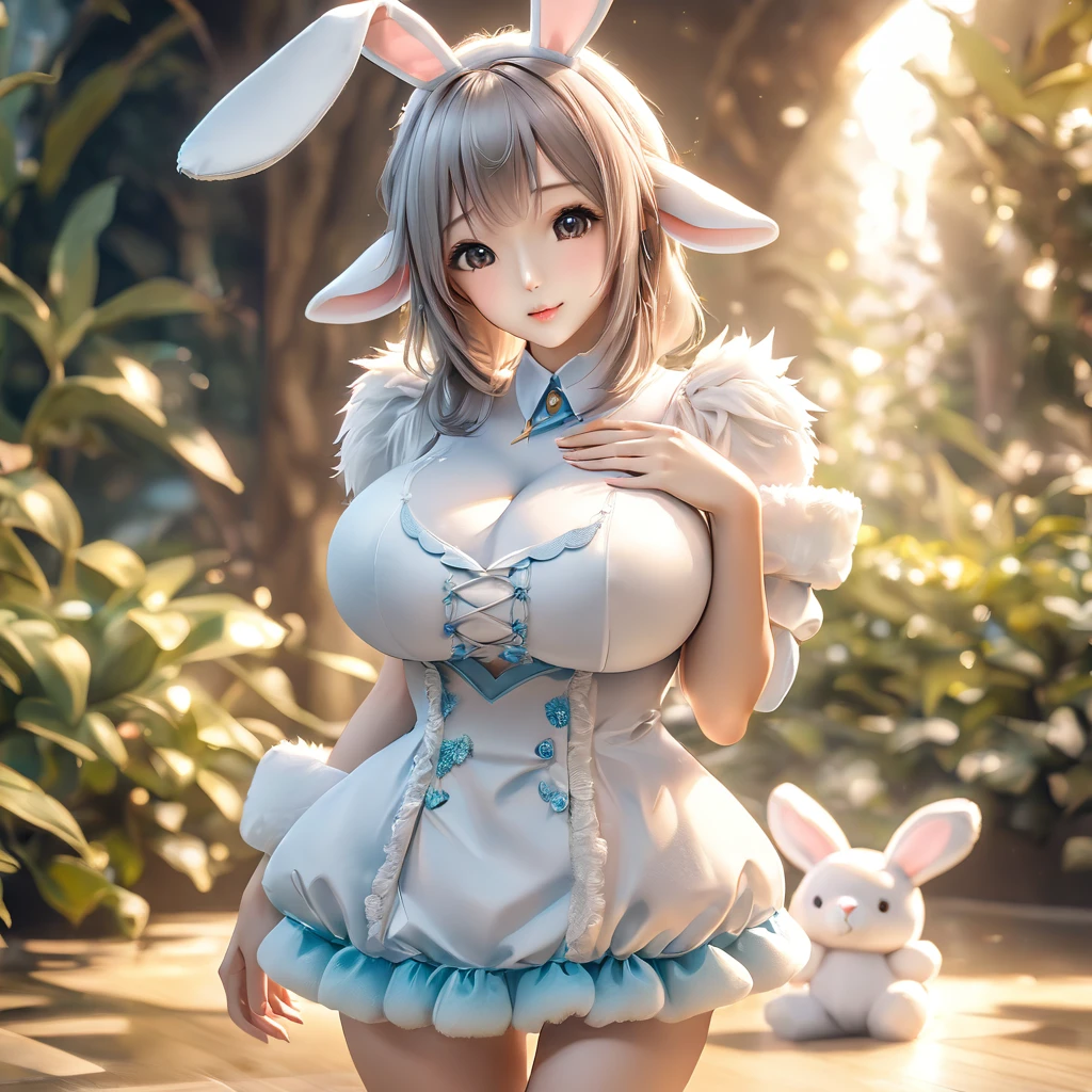 A woman wearing a furry bunny costume，Wearing big bunny ears, full-body shot, Wide Angle, Lovely又充满童真表情, Professional Portraits, Super Fine 8K, high resolution, Detailed facial features, Detailed clothing, Soft Light, excellent, fantasy, Soft colors, Lovely，Large Breasts