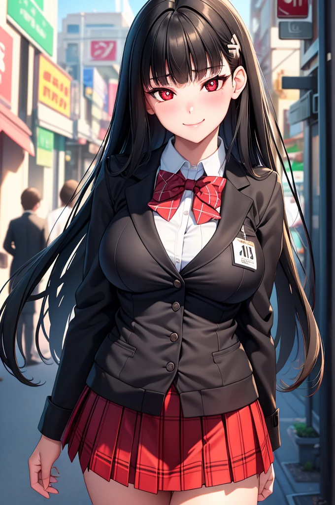 ((masterpiece, best quality, highres, UHD, perfect pixel, depth of field)), (smooth CG, photorealistic:1.1, realistic texture, detailed face), Rio, 1girl, medium breasts, seductive, busty, smile, natural light, cinematic, black hair, long hair, blunt bangs, (red eyes, beautiful pupils), (school uniform, cardigan, red bowtie, plaid skirt, black jacket, open jacket), street view, dynamic pose, from below, pov, look at viewer, blushing