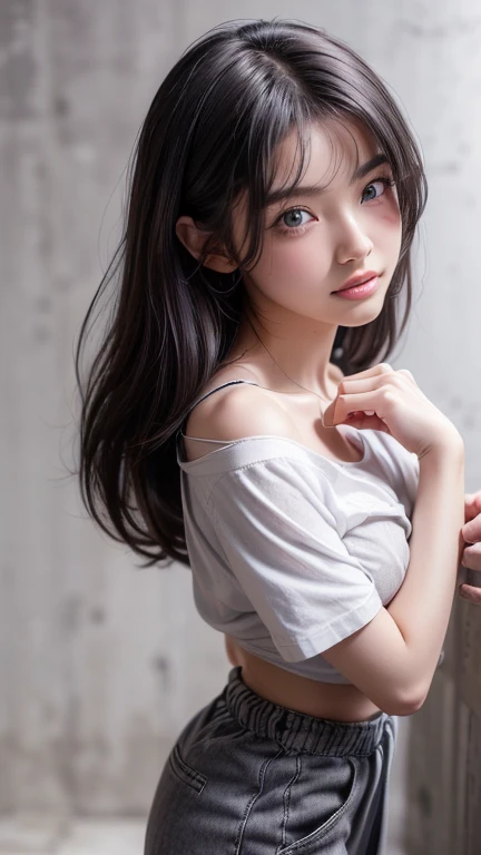 (anime:1.3), (whole body, Fashion Portrait:1.6), Super detailed, beautiful, masterpiece, Highest quality, _ break (One girl:1.2), 22 years old, 160cm, Cute Japanese Model, Tightened whole body, (Large Breasts:1.3), Small Head, Small face, Diamond Face, Small Nose, Sharp face line, Young hands and fingers, beautiful hands and fingers, Five Fingers, _ break (Glossy Lips:1.3), (Light colored lips, Mouth half open, beautiful Teeth:1.2), (Droopy eyes, double eyelid, blue eyes:1.), _ break (Trim your hair:1.3), (Gray Hair:1.3), _ break (Gray background:1.4), fog, haze, _ break (Cowboy Shot, From below:1.4), (Are standing:1.6), (sexy, Fashion model posing:1.6), Focus on the chest, break
(ultra Soft fabric oversize baggy t-shirt:1.3), (wide, short, baggy:1.4), (Non-restrictive hem, wide hem:1.6),(Breastfeeding:1.6), Black Body Paint, (1/4 short Length:1.4), (black low rise pants:1.4), (Browsing Caution:1.4),
