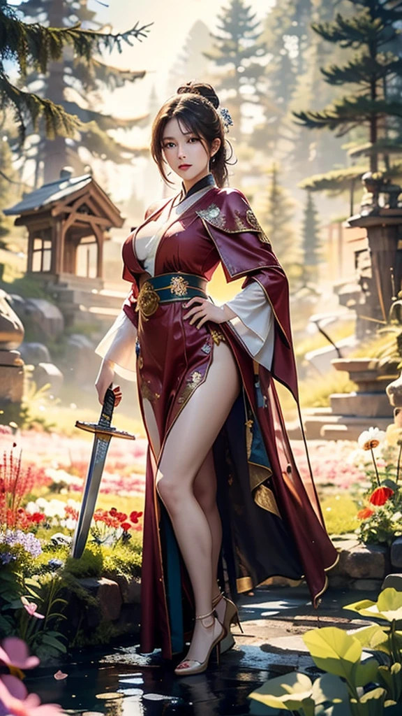 
(well-structured),HDR,UHD,8k,1 girl, her crimson robe decorated with elegant flowers. Her legs were wrapped in beautiful flowers, and she held her slender sword. Her eyes were as cold as ice, and her dance was as light as the wind. In the valley of flowers, there are flowers, and in the morning of spring, with dew and dew, which means mystery and power, 1 girl, glow, fog light, floodlight Clothes reveal your figure, reveal your breasts, and show a seductive pose.