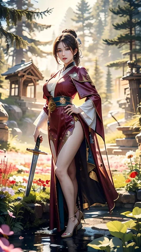 
(well-structured),HDR,UHD,8k,1 girl, her crimson robe decorated with elegant flowers. Her legs were wrapped in beautiful flower...