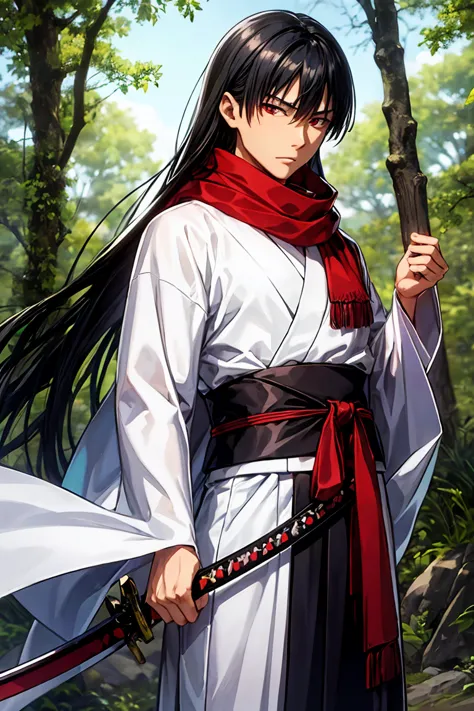 asian man z wears a white kimono, a red scarf, two katanas and several blades around a strap, black hair, red eyes, long hair, t...