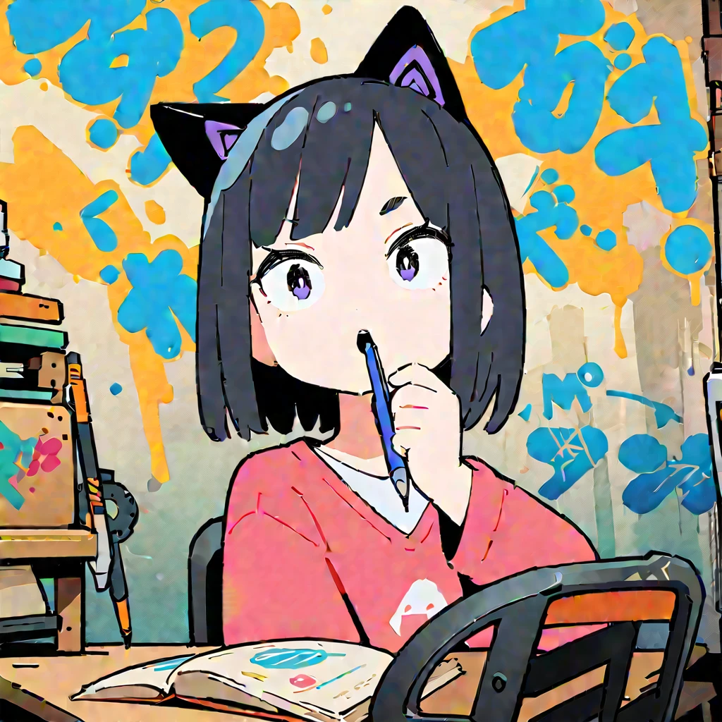 (Thick painting style),Bold line, ((masterpiece,)),(((Highest quality))),(((machine,Chair,pen,Book,graffiti))),((A girl in her twenties with her mouth open)),Short black hair,Black cat ears,T-Shirts,jeans,(((Character Portrait,Full Art))),Messy