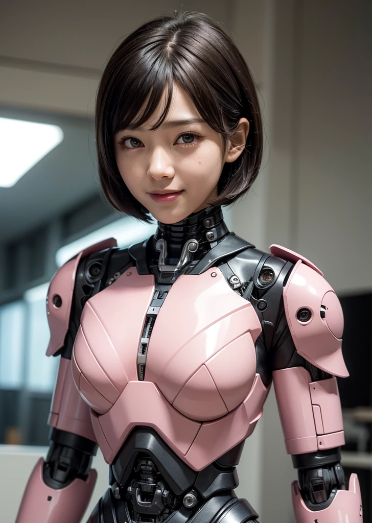 Textured skin, Super detailed, Attention to detail, high quality, 最high quality, High resolution, 1080P, hard disk, beautiful,(Terminator),beautifulサイボーグ女性,Pink Mecha Cyborg Girl,Battle Mode,Girl with a mechanical body,She is wearing a combat cyborg mech with weapons,Full Body Shot　bare hands　Boyish short hair　Berry Short　Brown eyes　Black Hair　Kindergarten girl　Steam from the head　cute　smile