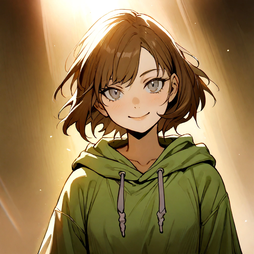 make me a female, 16 years old, brown short hair, grey eyes, she's smiling, green hoodie and shorts, park behind her