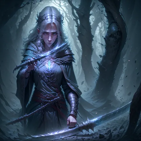 Gray image of a ghost in flowing robes with a scythe with a disembodied blade., very realistic style, Dark forest cliff.