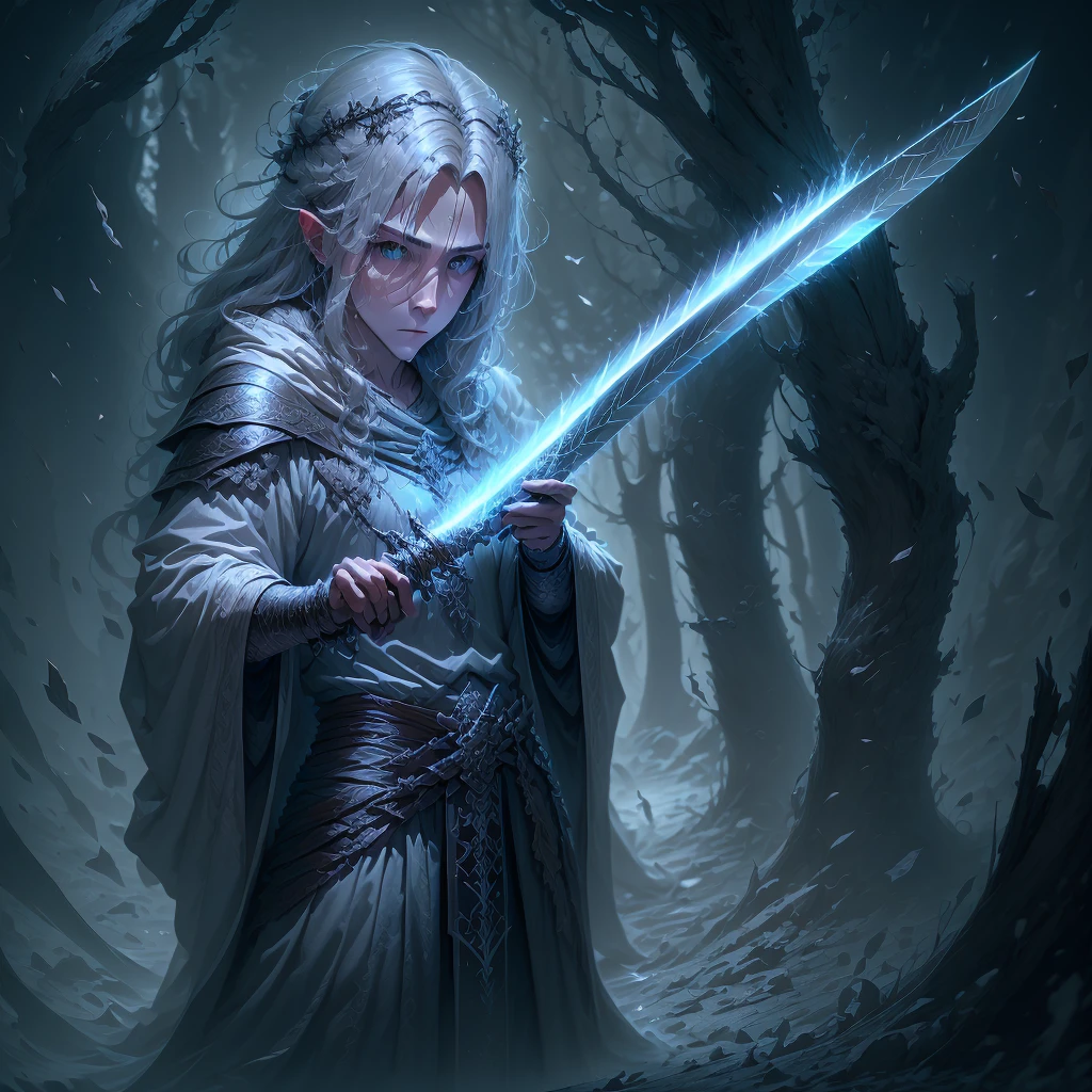 Gray image of a ghost in flowing robes with a scythe with a disembodied blade., very realistic style, Dark forest cliff.