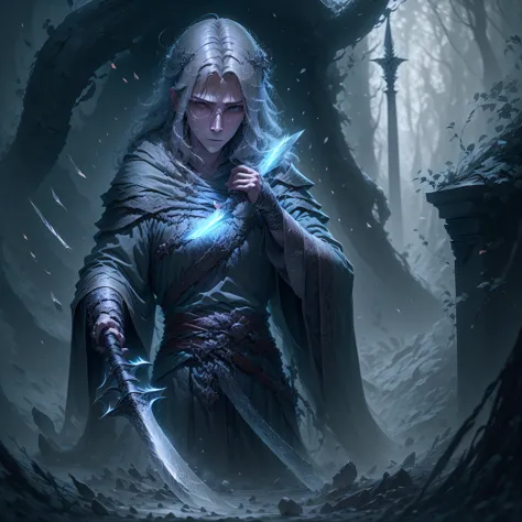 Gray image of a ghost in flowing robes with a scythe with a disembodied blade., very realistic style, Dark forest cliff.