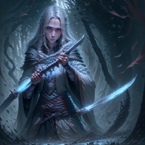Gray image of a ghost in flowing robes with a scythe with a disembodied blade., very realistic style, Dark forest cliff.