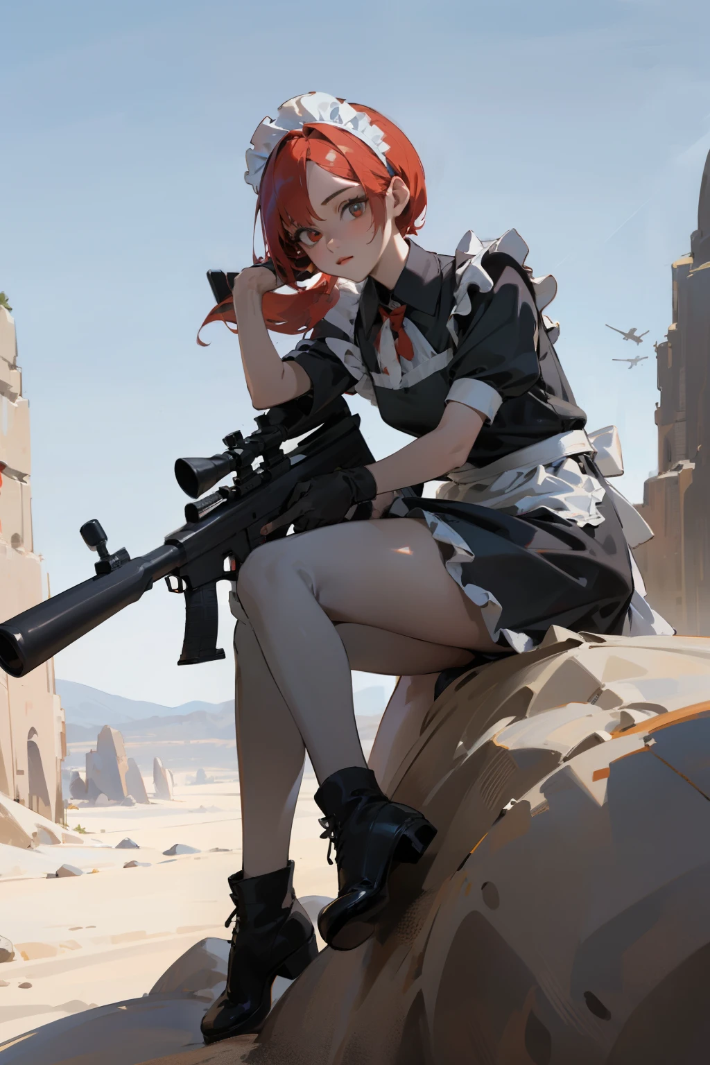 (masterpiece), ((best quality)), (super detailed), (beautiful eyes beautiful details eyes, Clean and delicate face), solo, (Red bob hair, red eyes), (maid costume, white maid headband), thigh, black gloves, army boots, aiming at viewer, holding sniper rifle, straddling on the huge rock, in the desert, wide shot, blue sky