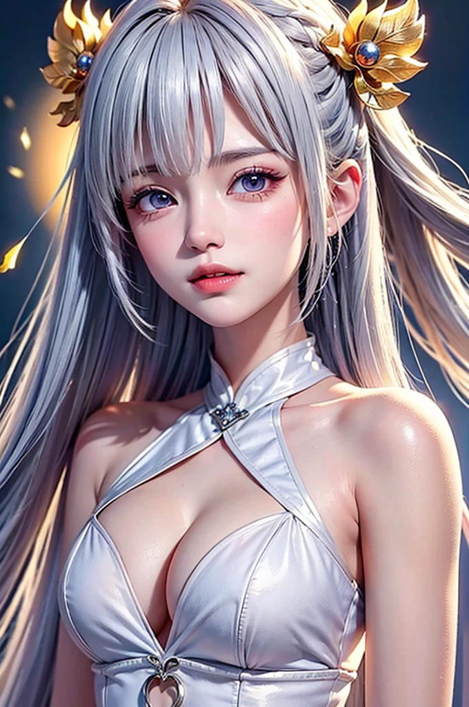 (Close-up image)((masterpiece:1.5,Highest quality,Highly detailed images,Beautiful images、Realistic、Photorealistic、2.5D))(1girl, 独奏,)(Adult women、medium beautiful breasts, white hair, Arrange Hair、 beautiful eyes、Beautiful cleavage)(cleavage_cutout, silk, Long dress)(smile, wind, floating hair)(dark、Soft lighting、Fantastic Background）
