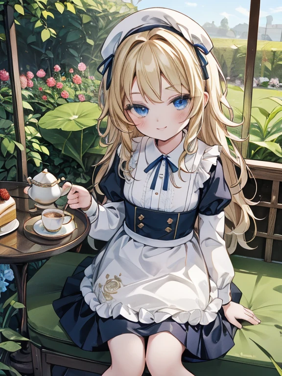 (8K, Highest quality, tableトップ:1.2), Ultra-high resolution, 7-year-old girl, Perfect Fingers, Detailed face, smile, blue eyes, Blonde, (wavy hair:1.5), Blue Apron Dress, garden, flower bed, table, tableクロス, Black tea, Tea cup, cake, Sit on a chair, Black teaを飲む