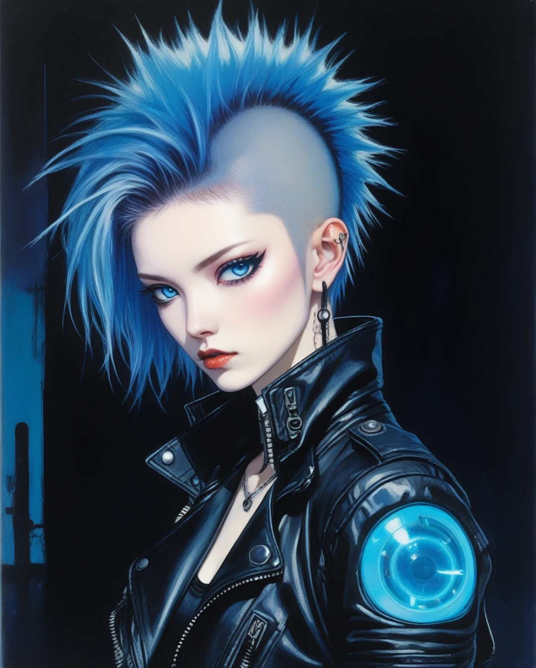 amano yoshitaka, one Female Futuristic punk rocker, co-owner of Stellar Travelers named Luna,Pale skin color,Wild haircut,Jet black hair,Electric blue eyes, a Black leather jacket, ripped black leather pants, and holding or carrying Cybernetic arm augmentation (neon blue)