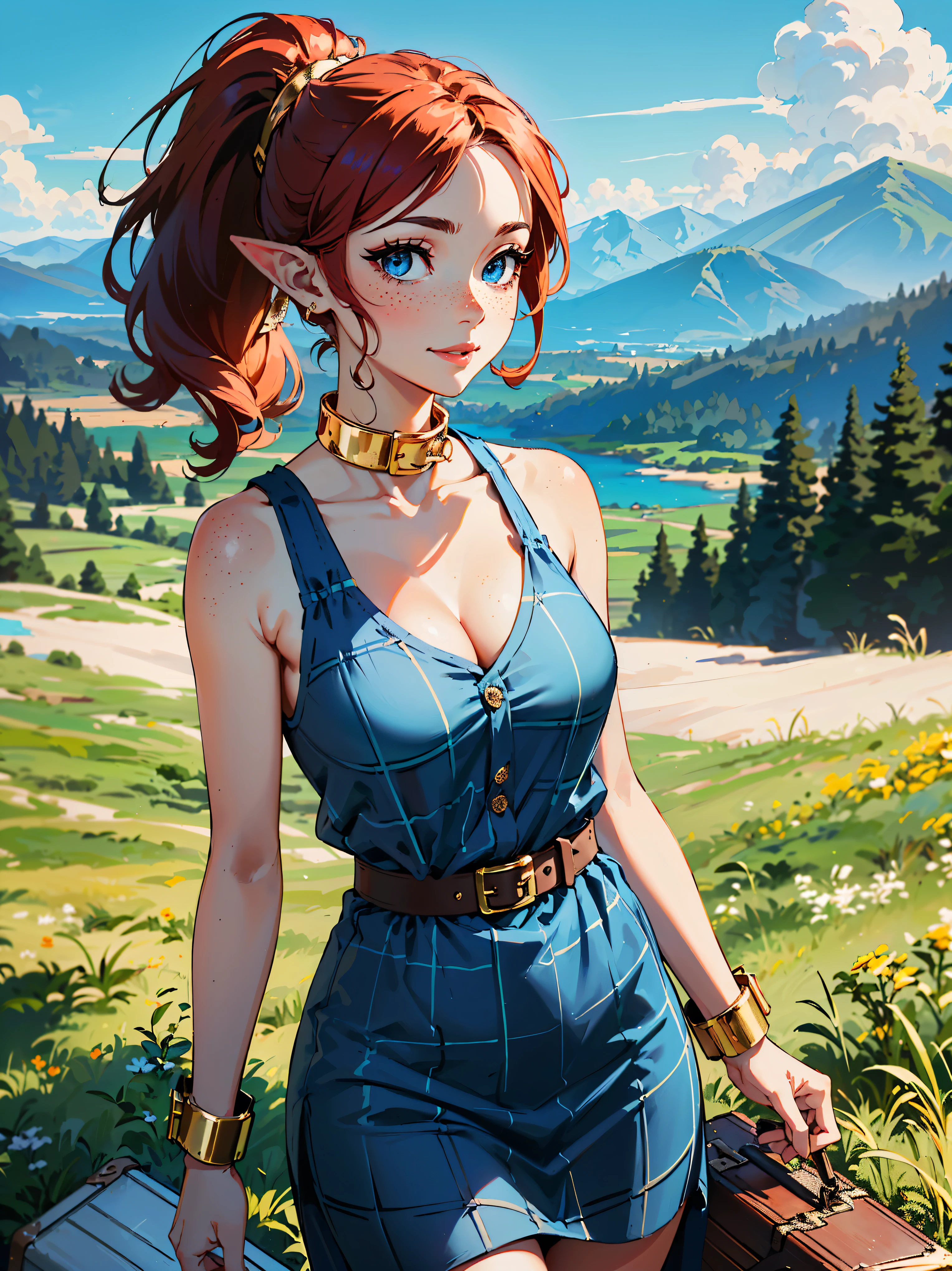 masterpiece, high quality, illustration, extremely detailed, cg unity 8k, NSFW, 1_woman, walking, (upper body) (Caucasian skin_complexion:1.4), mature, statuesque, beautiful, exotic, ((freckles)), with long elf ears, smiling, (((looking away from viewer))), (holding old suitcase), medium breast, (((gold neck slave collar))), thick golden cuffs, wearing (((long) blue plaid dress)), blue plaid sash, white tank top, wearing backpack, cleavage, ((thigh gap)), bare_shoulders, (red hair), (((long ponytail))), detailed face having ((blue eyes), dark_eyeliner, long_eyelashes), outside on grassy hill, mountains in the distance, 