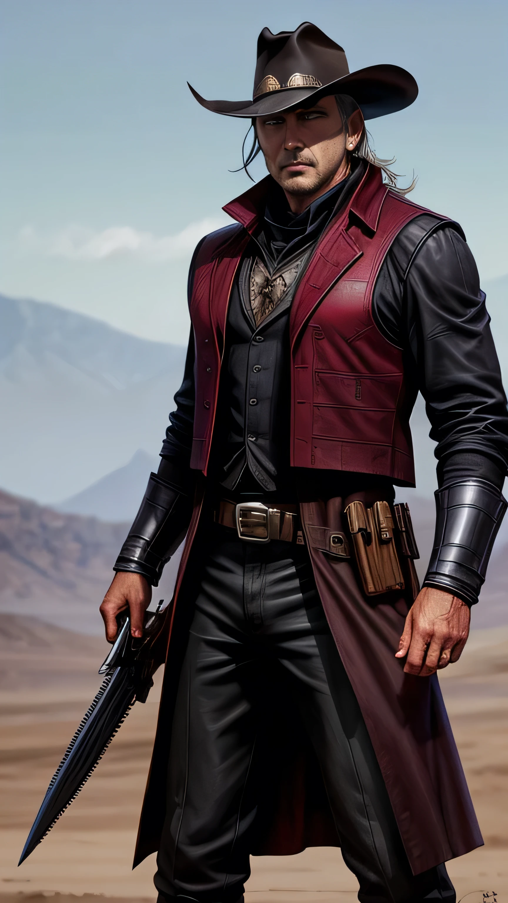 (Kevin Costner) as Erron Black from Mortal Kombat, maroon cowboy outfit, cowboy hat, 2 revolvers, 1man, solo, full body view, front view, looking at viewer, intricate, high detail, sharp focus, dramatic, photorealistic painting art by greg rutkowski