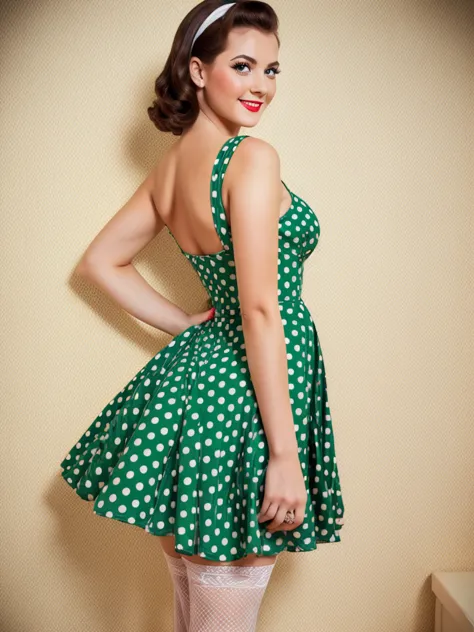 35mm photography front centered composition girl stands with her back tilted forward smiling playfully posing sexy pin up dresse...