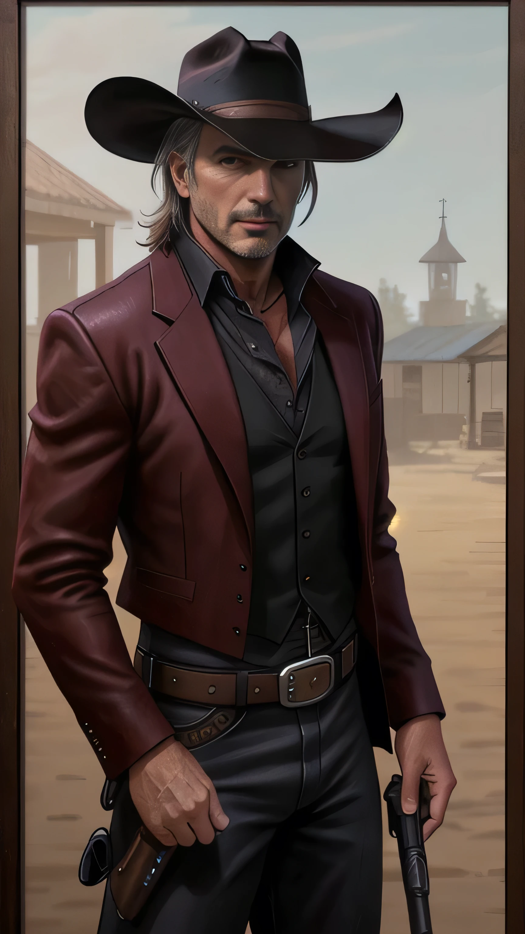 (Kevin Costner) as Erron Black from Mortal Kombat, maroon cowboy outfit, cowboy hat, 2 revolvers, 1man, solo, full body view, front view, looking at viewer, intricate, high detail, sharp focus, dramatic, photorealistic painting art by greg rutkowski