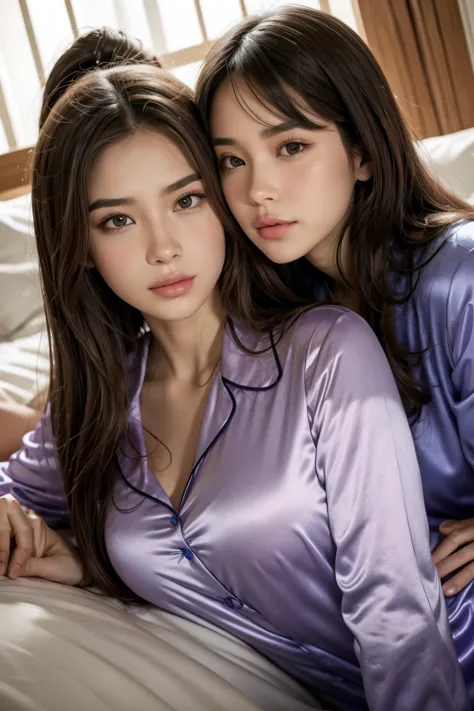 2 beautiful women, in silk pajamas, cuddling