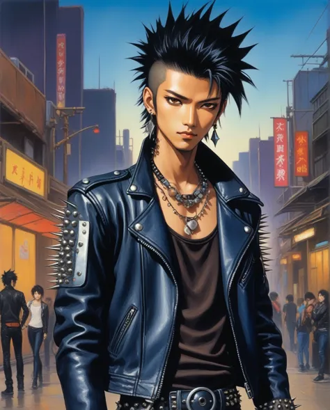 amano yoshitaka, one male futuristic punk rocker, co-owner of stellar travelers named max, with a tan skin color,spiky haircut, ...