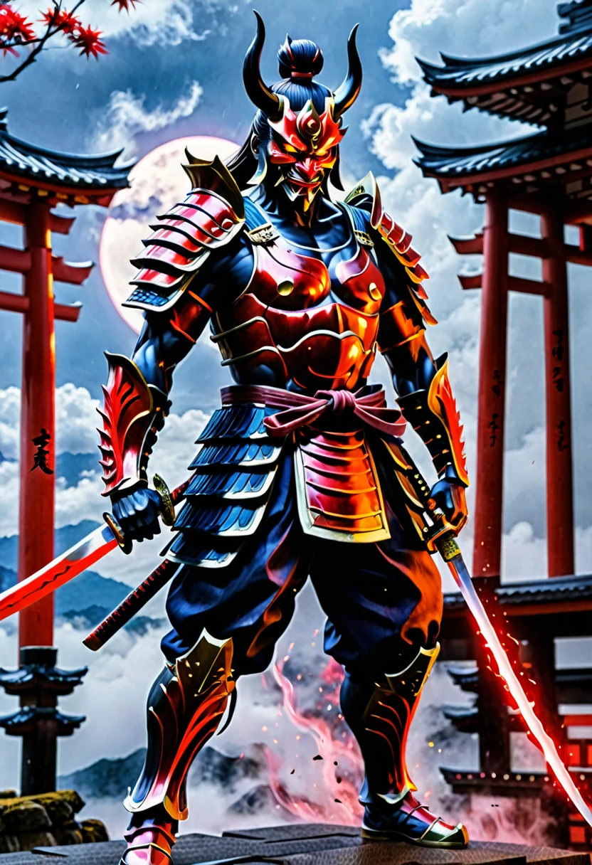 (demon samurai)、(Wearing a demon mask)solo man, glowing red eyes、Like the whole body、(cyborg Armed with a long sharp knife)、Stand facing the front,magnificent artwork、((Kyoto Panel Painting Style))、Wind-effect:1.9、Cloud Effects:1.2、Full Rendering、Encaustic Painting,unrealengine,