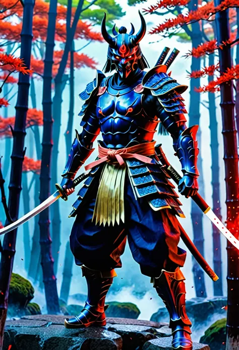 (demon samurai)、(Wearing a demon mask)solo man, glowing red eyes、Like the whole body、(cyborg Armed with a long sharp knife)、Stan...