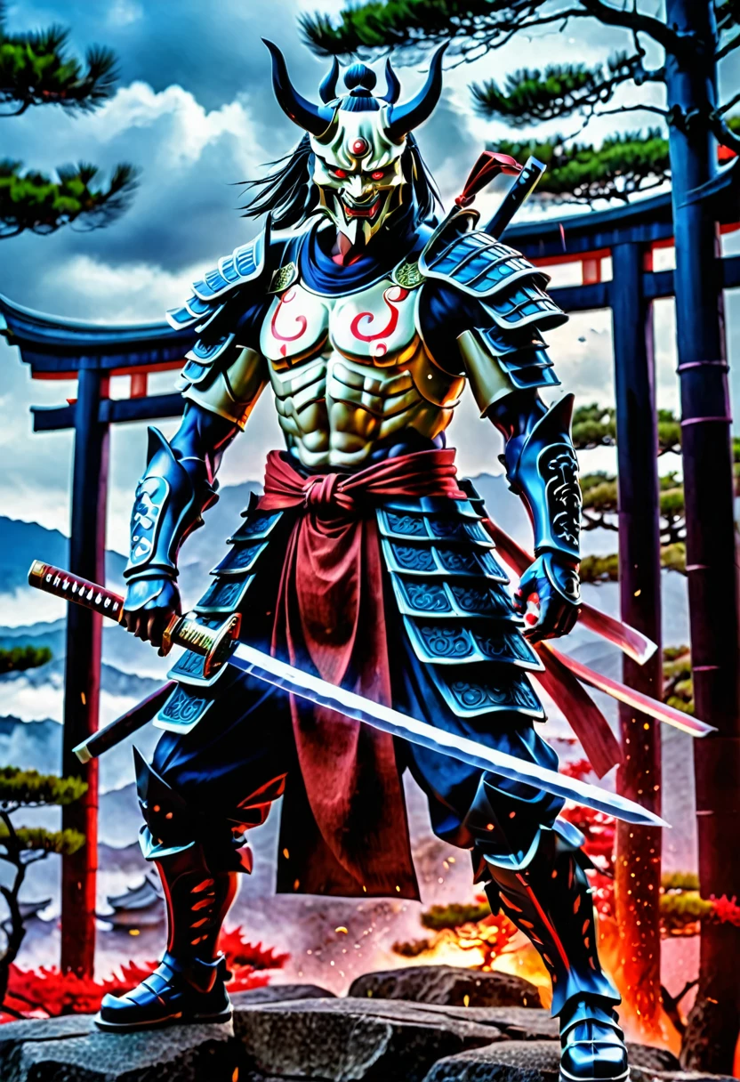 (Demon Samurai)、(悪魔のマスクをかぶって)男性のみ, 光る赤い目、体全体と同じように、(長く鋭いナイフを装備したサイボーグ)、正面を向いて立つ,素晴らしい芸術作品、((京都の板絵風))、風の影響:1.9、クラウド効果:1.2、フルレンダリング、エンカウスティック絵画,アンリアルエンジン,