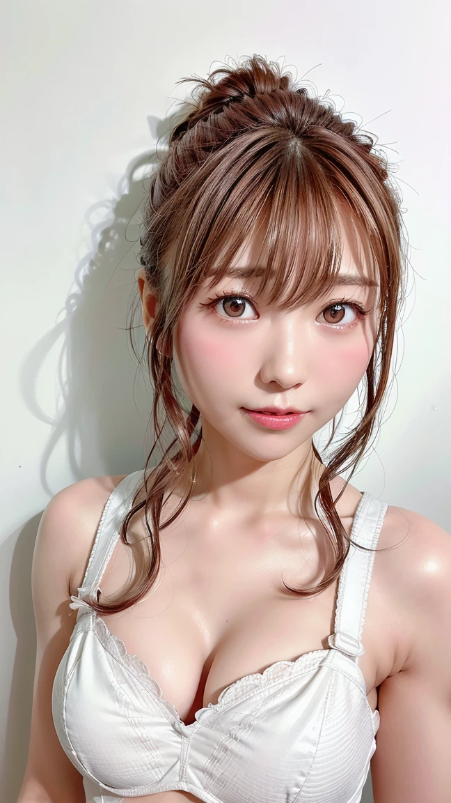 mais alta qualidade, realista, anatomia humana perfeita, Muito detalhado, muito delicado e lindo, Foto CRU, Iluminação Profissional, iluminação, Profundidade do limite escrito, foco único, todo o corpo, mulher japonesa magra, mulher de 30 anos, cabelo castanho, Cabeça pequena, Olhos lindos, Verdadeira Face, realista skin, grão fino, sutiã branco, Calcinha branca,Bobcut