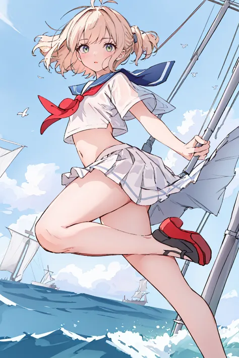 (masterpiece,best quality,absurdres),1girl,solo,looking at viewer,dynamic_angle,colorful, antenna hair,Sailor,navigation,ship,cu...