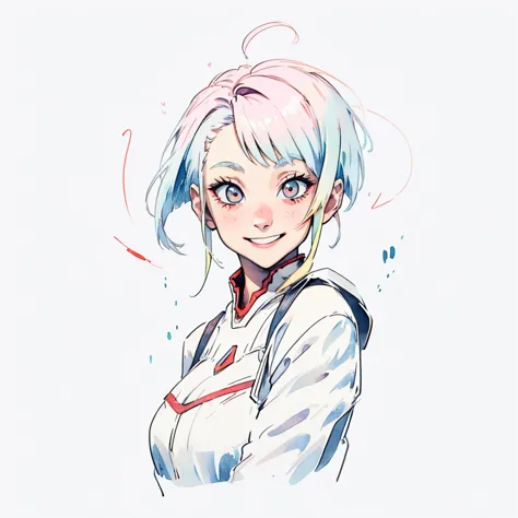 1girl, lucy \(cyberpunk\), simple art, cute, watercolor, white background, looking at the viewer, big smile