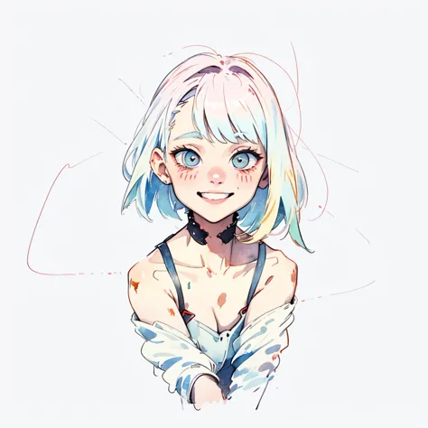 1girl, lucy \(cyberpunk\), simple art, cute, watercolor, white background, looking at the viewer, big smile