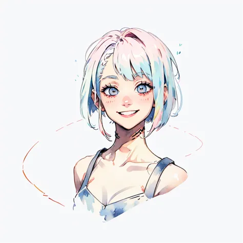 1girl, lucy \(cyberpunk\), simple art, cute, watercolor, white background, looking at the viewer, big smile