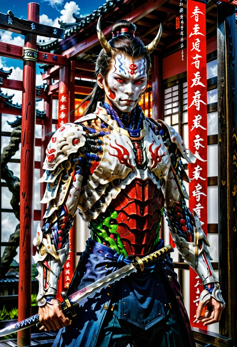 (demon samurai)、(Wearing a demon mask)solo man, glowing red eyes、Like the whole body、(cyborg Armed with a long sharp knife)、Stand facing the front,magnificent artwork、((Kyoto Panel Painting Style))、Wind-effect:1.9、Cloud Effects:1.2、Full Rendering、Encaustic Painting,unrealengine,