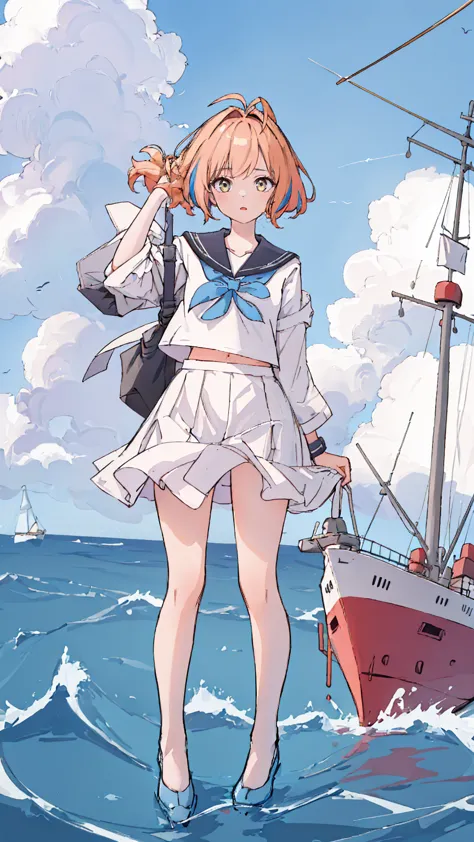 (masterpiece,best quality,absurdres),1girl,solo,looking at viewer,dynamic_angle,colorful, antenna hair,sailor,navigation,ship,cu...