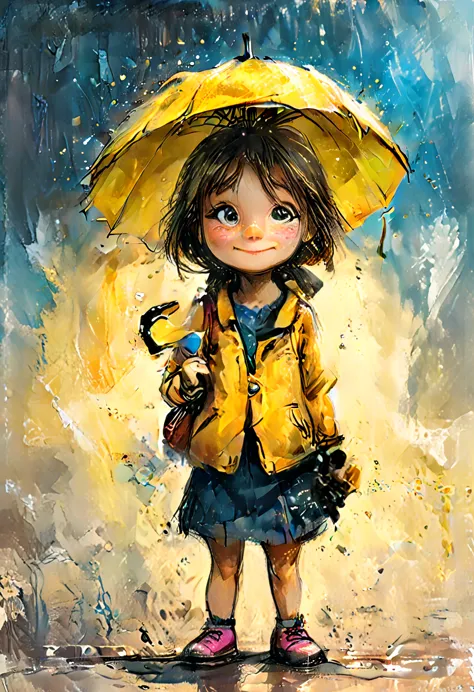 impactful colorful painting of a cute drawing of a little girl, the  holds a yellow umbrella, highy detailed,  8K,   Spitz,  pro...