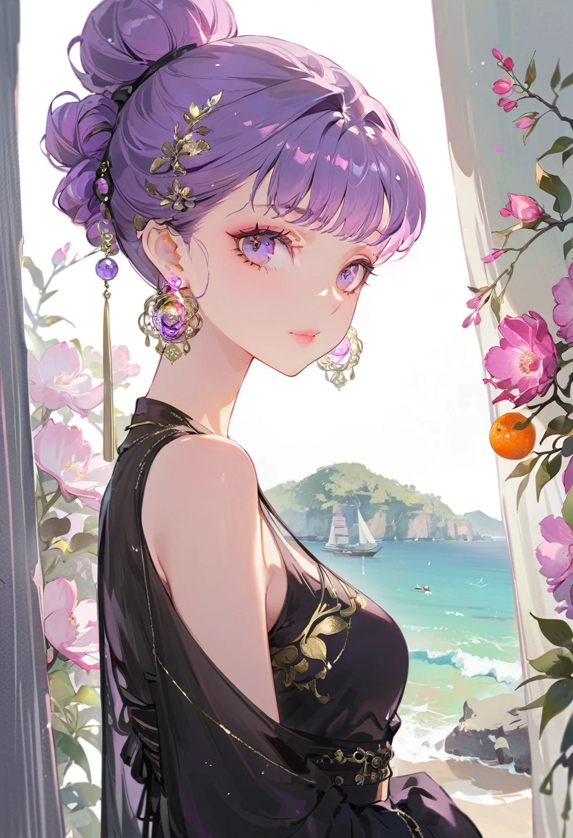 Lo-fi style girl in cyberpunk city 、((Beautiful girl with perfect features)),((One girl))、((One is a photo of a girl with purple hair..))、Glass mandarin orange earrings decorate both ears.、((Purple long hair bun girl))、One of them has ocean-pinkish purple eyes.、very_Long eyelashes, Detailed lips, A radiant smile, Hand in hand、Soft Skin, Shiny Hair,Vibrant Background, quality\(8K,非常に精細なCGユニットのwallpaper, masterpiece,High resolution,top-quality,top-quality real texture skin,Super 2D,Increase the resolution,RAW Photos,最高quality,Very detailed,wallpaper,Ray Tracing,Golden Ratio\),[Browsing Caution]