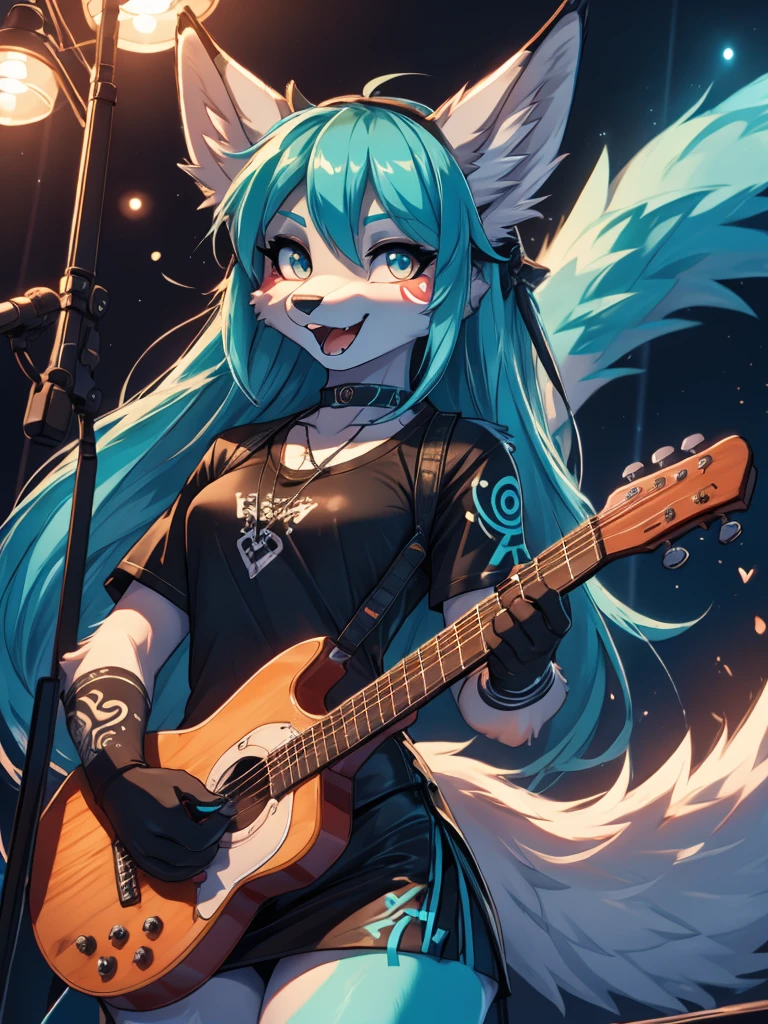 Miku Hatsune, adição de alta definição_detalhe:1, pele azul,orelhas kitsune, tatuagem tribal adicionar_detalhe:1 linda roupa de colégio, garota bonita adicionar_detalhe:3 1 menina, lycra preta curta, camisa de metal preto, olhar sedutor adicionar_detalhe:3, sinal de rocha de mãos, gritando adicionar_detalhe:1, tocando violão no palco adicionar_detalhe:1