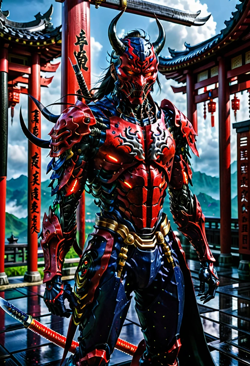 (demon samurai)、venom Armor,(Wearing a oni demon mask)solo man, glowing red eyes、Like the whole body、(cyborg Armed with a long sharp knife)、Stand facing the front,magnificent artwork、、Wind-effect:1.9、Cloud Effects:1.2、Full Rendering、Encaustic Painting,unrealengine,