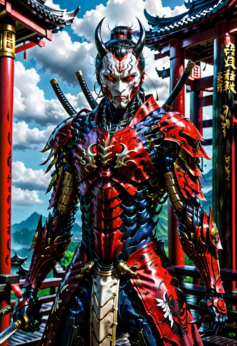(demon samurai)、venom Armor,(Wearing a oni demon mask)solo man, glowing red eyes、Like the whole body、(cyborg Armed with a long sharp knife)、Stand facing the front,magnificent artwork、、Wind-effect:1.9、Cloud Effects:1.2、Full Rendering、Encaustic Painting,unrealengine,