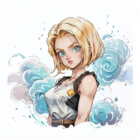 1girl, android18_dbz, simple art, cute,  white background, looking at the viewer,  