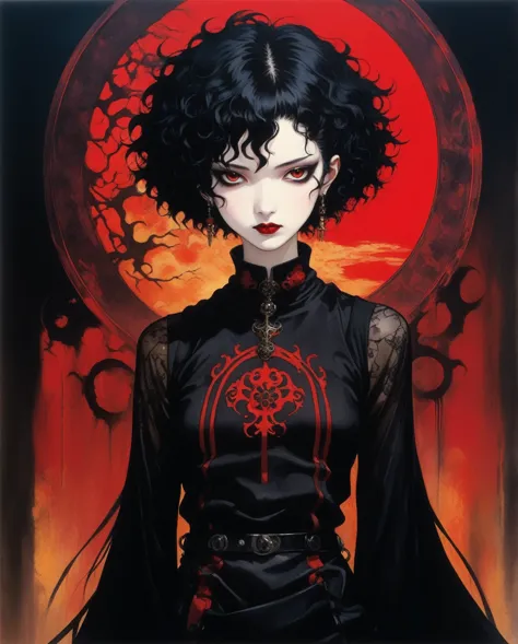 amano yoshitaka, a full-body, high-resolution anime style of a rebellious teenage female goth with short curly black hair, thin ...