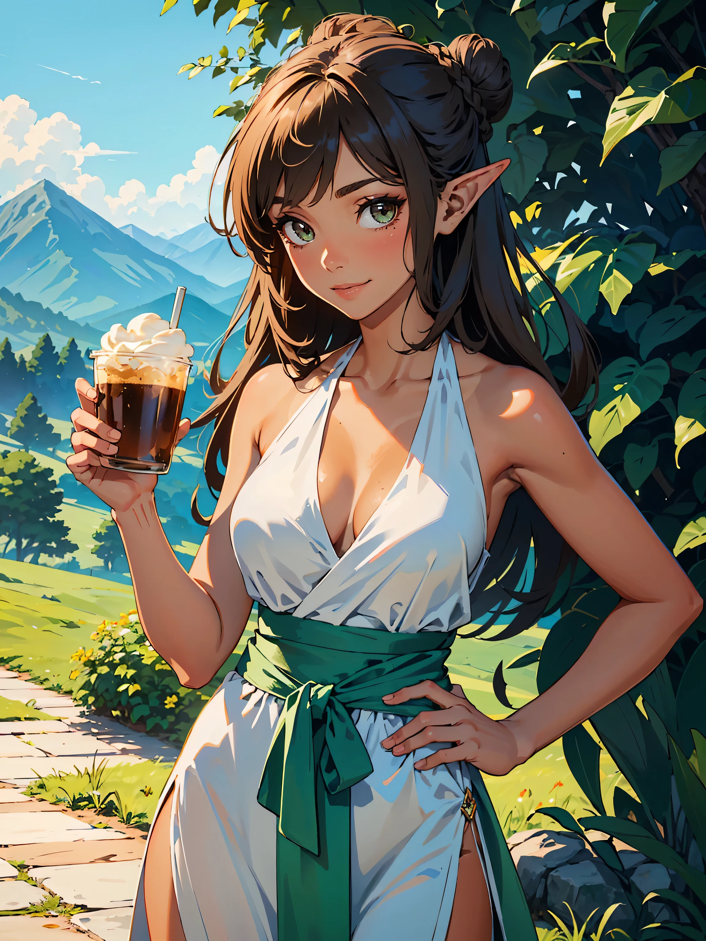 masterpiece, high quality, illustration, extremely detailed, cg unity 8k, ((summer: 1.4)), 1_women, (upper body) (tan exotic skin_complexion:1.4), mature, statuesque, beautiful, exotic, with long elf ears, smiling, (((looking away from viewer))), ((eyes looking away from camera)), hand on hips, holding cup of coffee, medium breast, thigh gap, white backless halter top dress, ((green sash belt)), bare_shoulders, (((long brown hair))), ((twin hair buns)), detailed face having (((hazel eyes)), dark_eyeliner, long_eyelashes), natural dynamic lighting casts detailed shadows,outside on grassy hill, mountains in the distance,