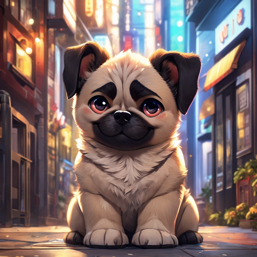 Na cidade、1 cachorrinho Pug、（（（Pelo preto redondo na testa）））、（（（sorriso:3.0）））