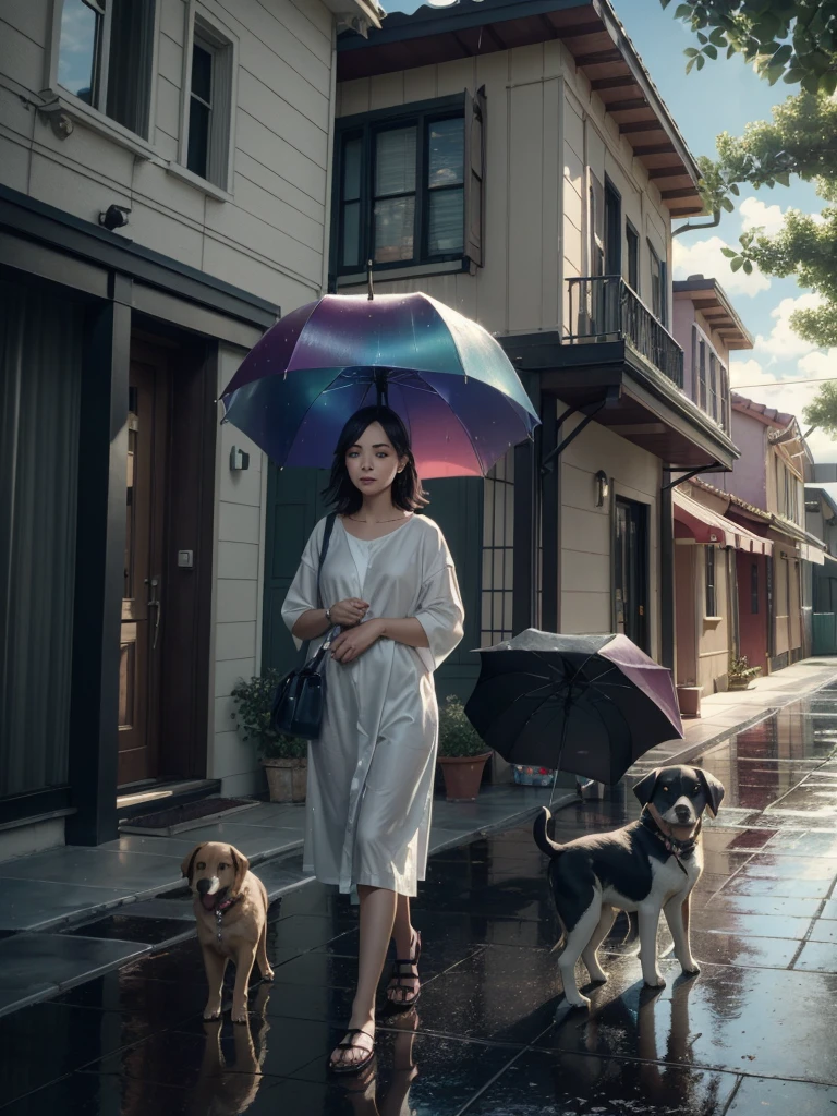 Uma garota andando sob chuva com um guarda-chuva com cores do arco-íris, de dia com um cachorrinho, ângulo lateral, (domingo frente casa rua fundo:1.3), renderização de octanagem, luz solar, USM, Arte oficial, papel de parede da unidade 8k, ultra detalhado, estética, obra de arte, melhor qualidade, fotorrealista, t3ss1th0mps0n,  Desordem-Mecânica