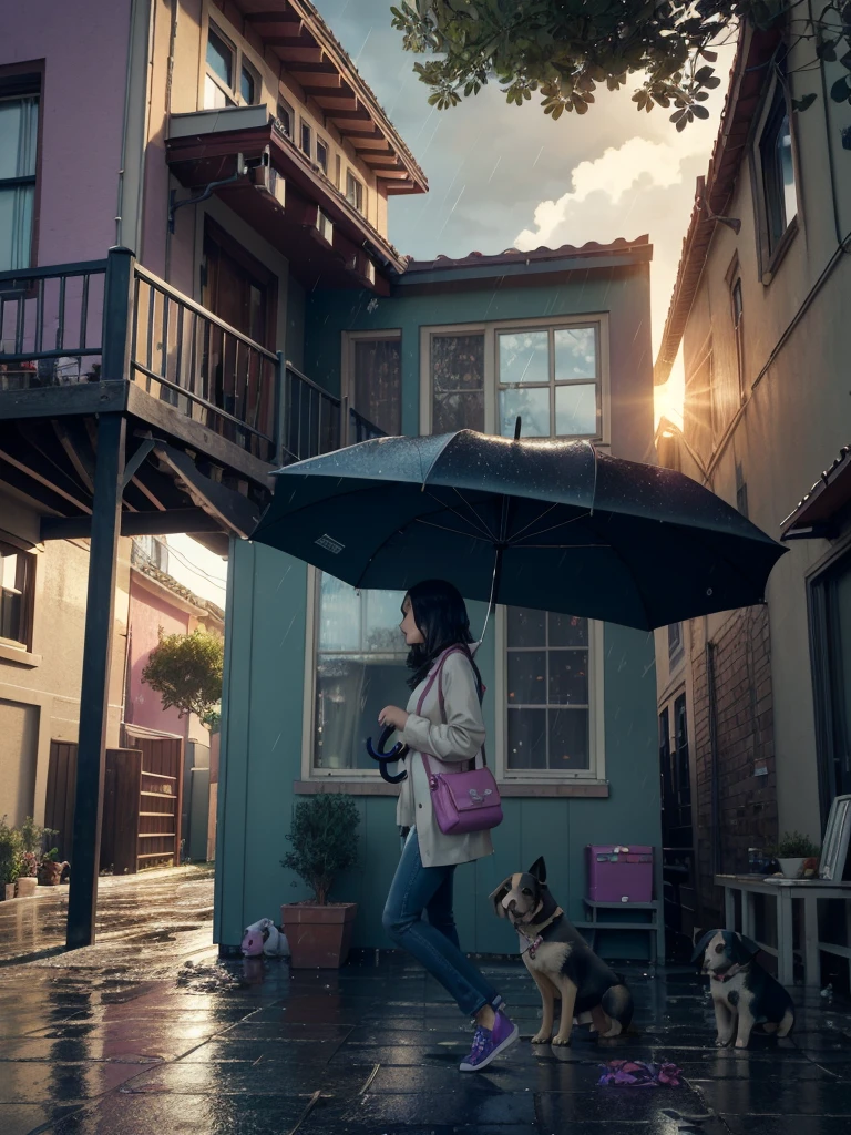 Una niña caminando bajo la lluvia con un paraguas con los colores del arco iris., en el día con un perrito, ángulo lateral, (fondo de la calle de la casa del domingo:1.3), renderizado de octanaje, luz de sol, LUSM, arte oficial, fondo de pantalla de unidad 8k, ultra detallado, Estético, obra maestra, mejor calidad, Fotorrealista, t3ss1th0mps0n,  Desorden-mecánico