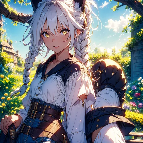 girl with dog ears and tail, erect ears, honey yellow eyes, highly detailed eyes, long hair and(((( white)))) with a small braid...