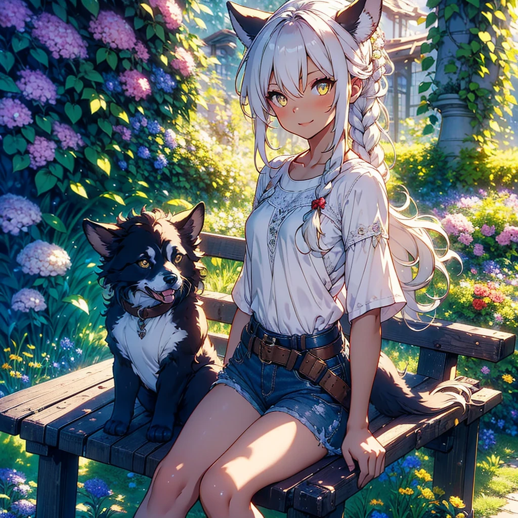 Girl with dog ears and tail, erect ears, honey yellow eyes, Highly detailed eyes, long hair and(((( White)))) with a small braid on the sides, denim shorts, translucent and low-cut blouse, whole body, looking up, open mouth smile, big chest, beautiful body, detailed face y con amplia gama de gestos, leaning on a bench around a garden with flowers of various colors, detailed background, detailed face, Play of light and shadows, cinematographic, high quality, 8k, Masterpiece, 